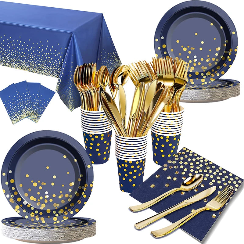 Navy blue and gold disposable party tableware set including plates, forks, and spoons