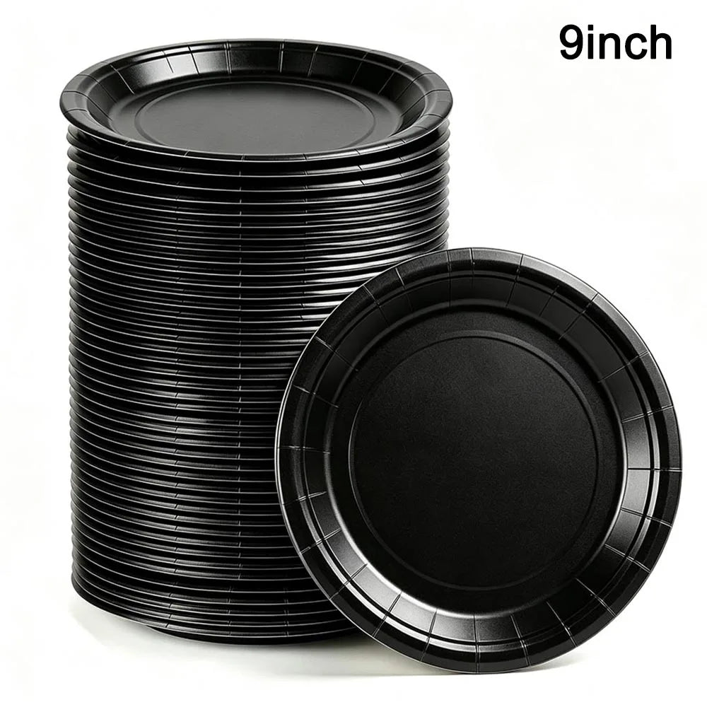 A stack of black disposable paper plates with a 9-inch diameter shown on a white background.