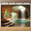 A luxurious indoor spa featuring a natural cave-like setting with a flowing waterfall and lush greenery.