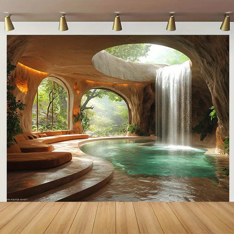 A luxurious indoor spa featuring a natural cave-like setting with a flowing waterfall and lush greenery.