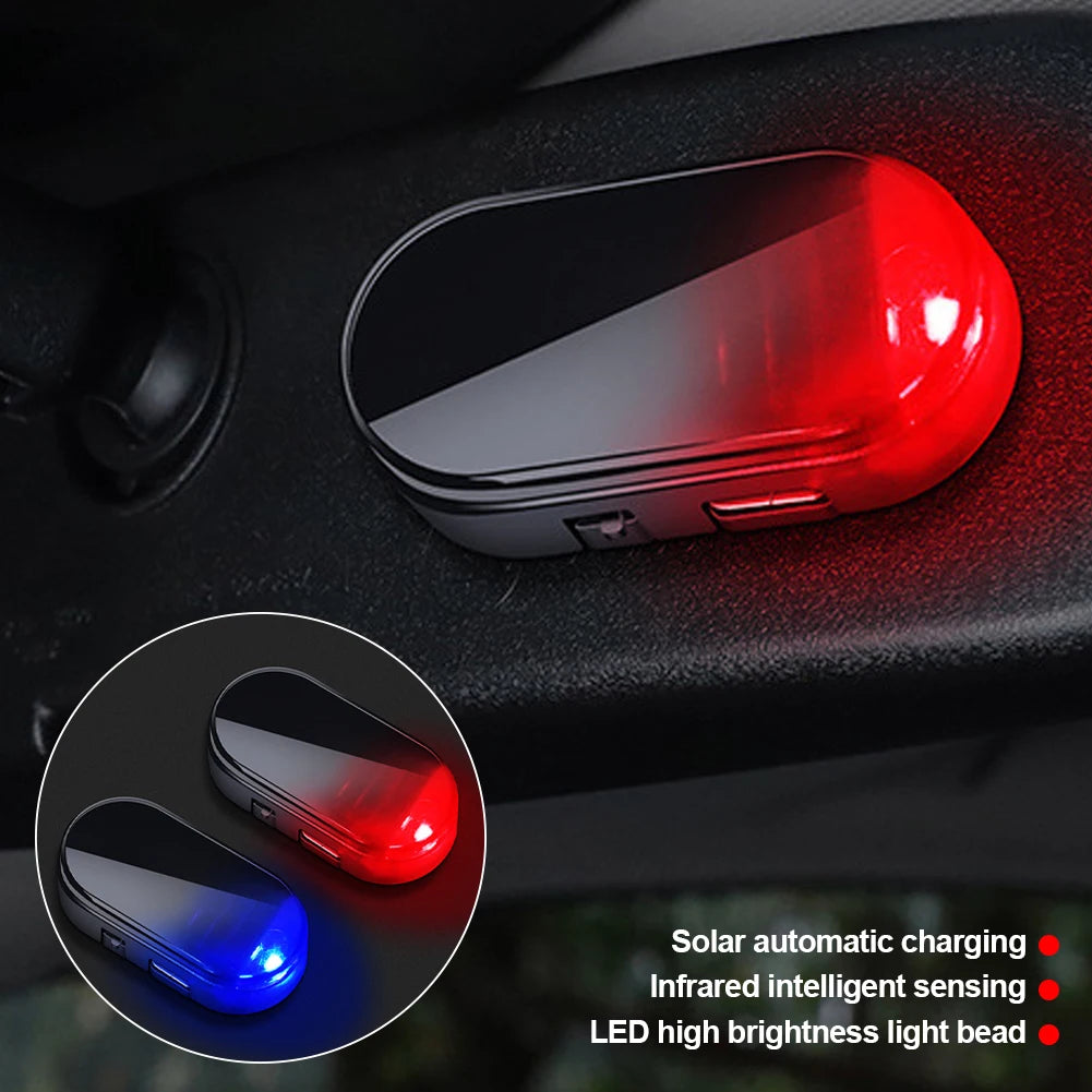 A close-up of a red LED light bead on a car interior panel, showing solar automatic charging and infrared sensing features.