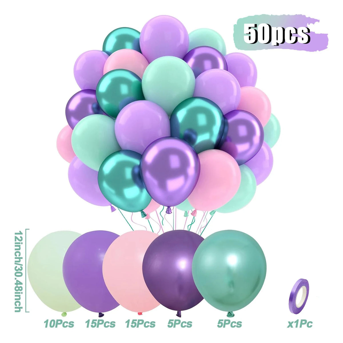 A bunch of 50 latex balloons in pastel purple, blue, and pink colors, packaged for party decorations.