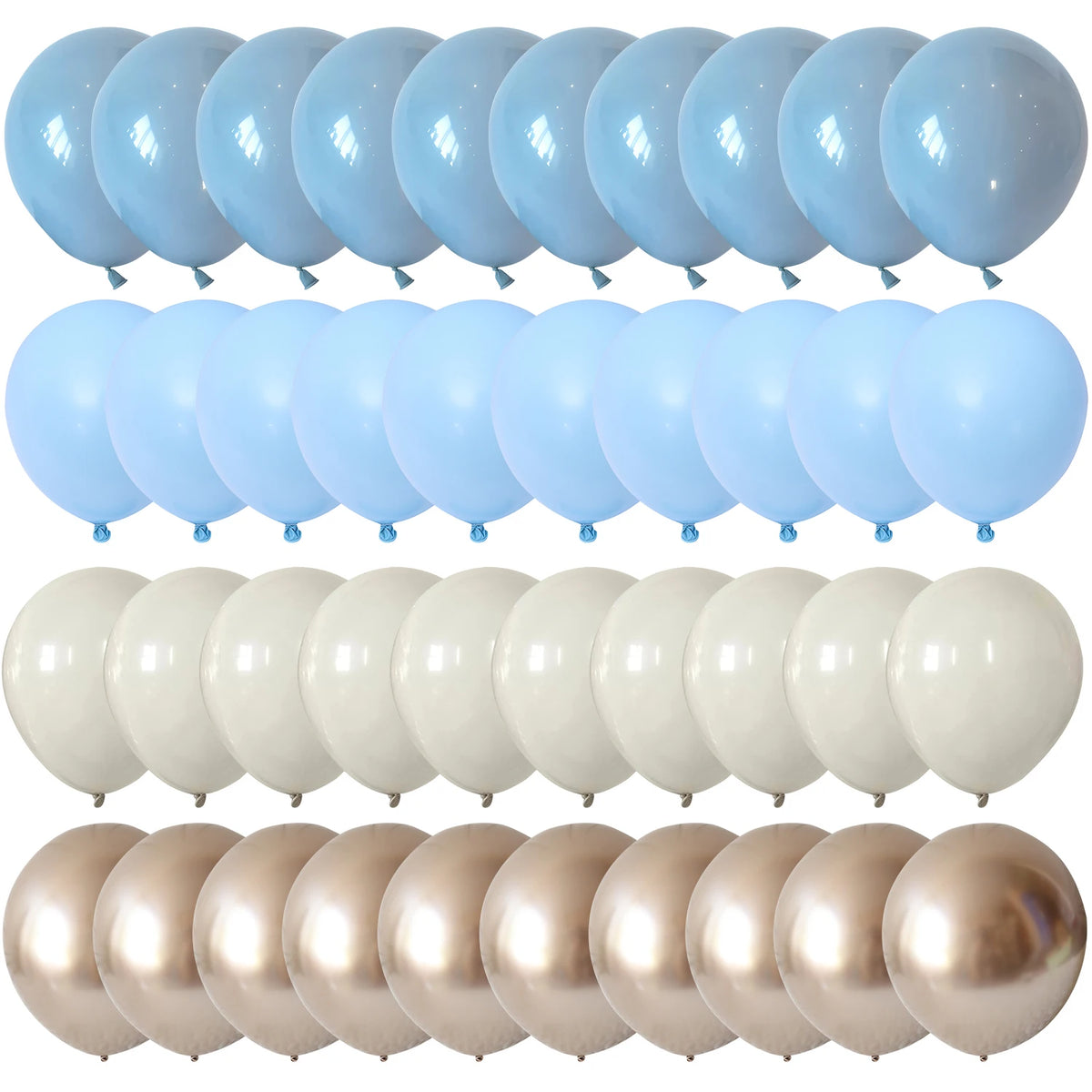 A collection of latex confetti balloons in muted blue and white tones arranged in rows.