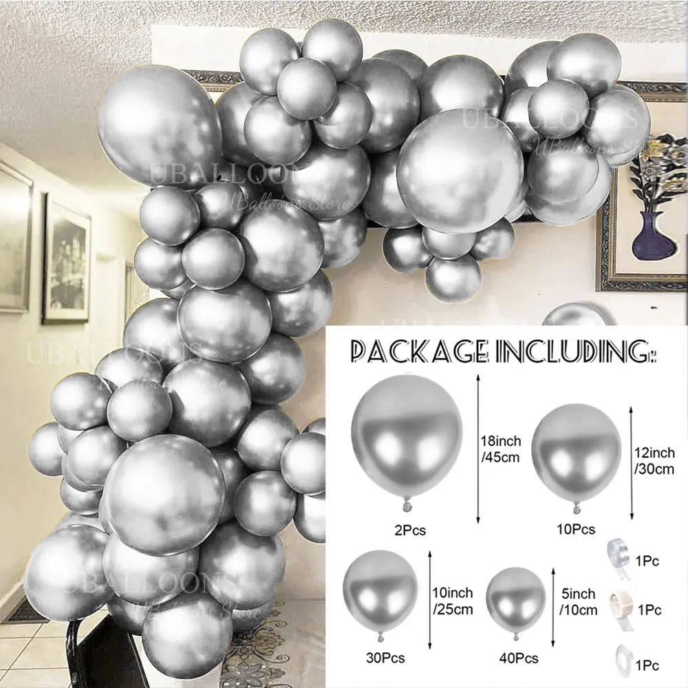 A package of metallic chrome gold balloons for a balloon garland kit showing various sizes and quantities