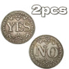 Two antique silver-gray decision coins, one marked YES and the other NO, with floral designs.