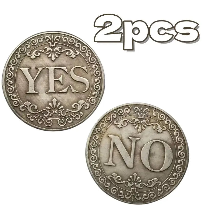 Two antique silver-gray decision coins, one marked YES and the other NO, with floral designs.