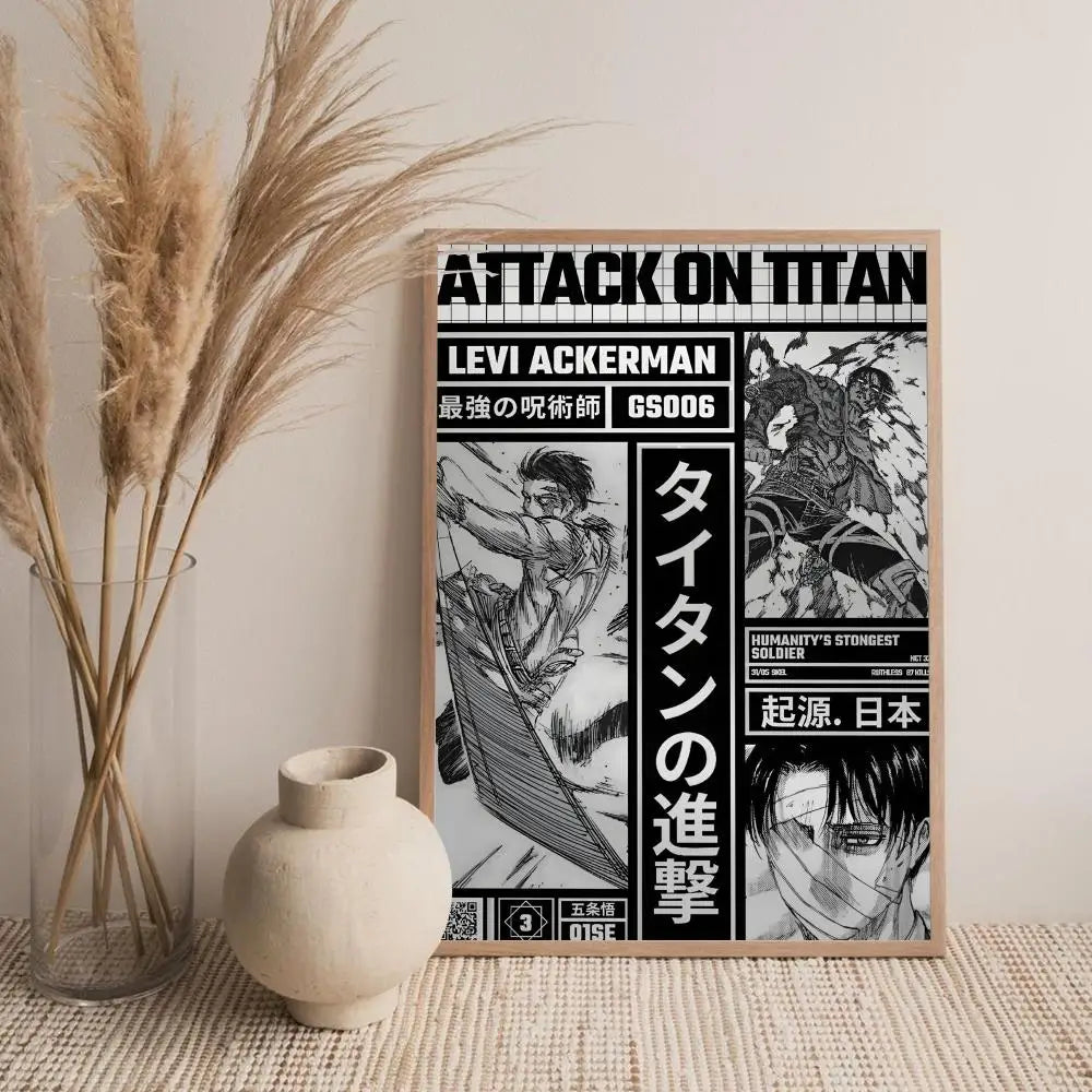 Canvas wall art featuring a black and white illustration of Levi Ackerman from Attack on Titan with Japanese text