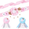 Pink floral maternity sash and corsage pin set with roses and baby details