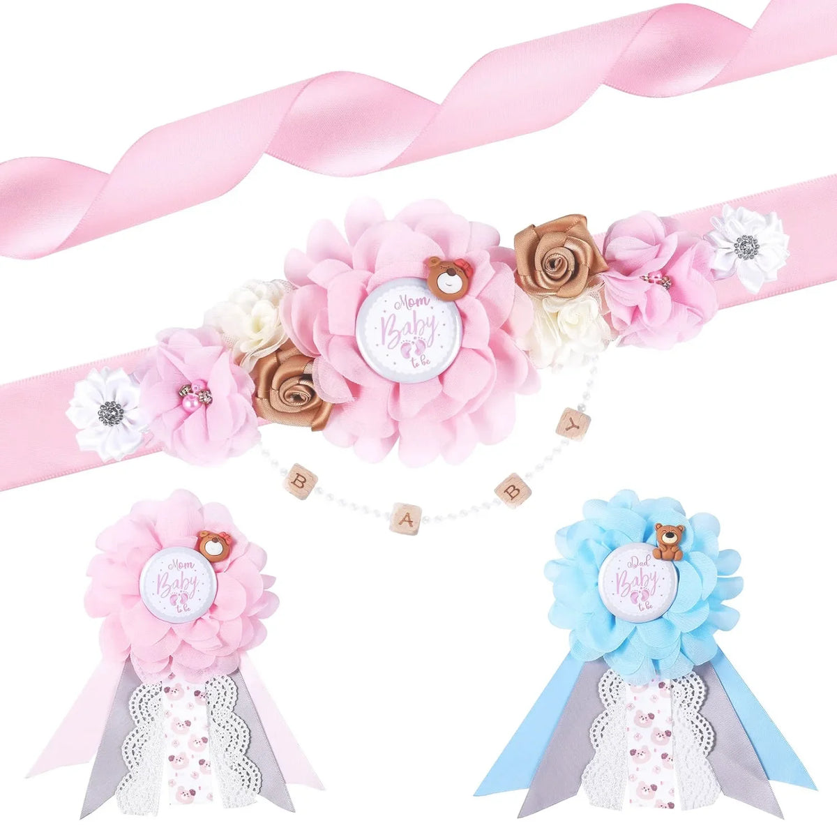 Pink floral maternity sash and corsage pin set with roses and baby details
