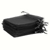Stack of black drawstring organza bags for gifts, weddings, and parties