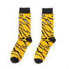 Pair of yellow and black novelty crew socks featuring a tiger print design
