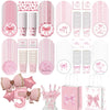 A collection of pink disposable party tableware including plates, cups, and napkins with bow designs.