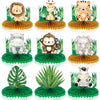 Jungle safari birthday decor set featuring cute animal figurines like a lion, monkey, tiger, and elephant in green and gold f