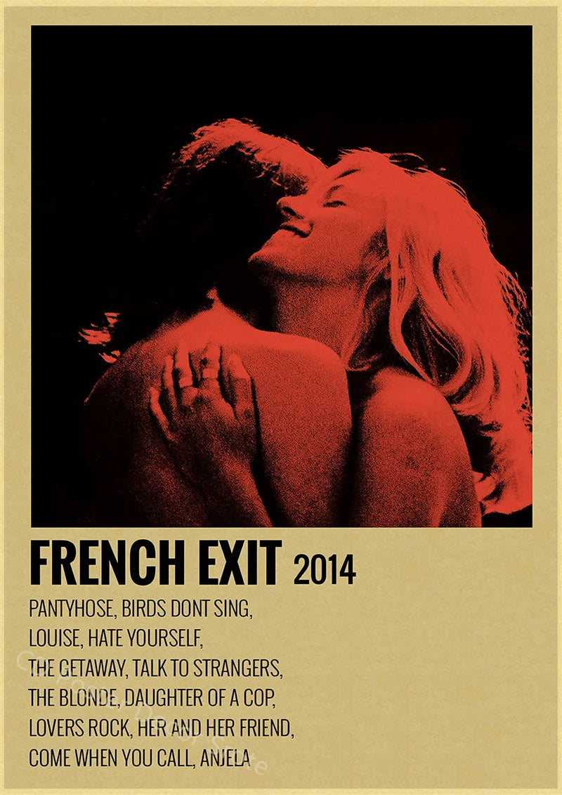 A red-toned photograph of two people embracing, with the title FRENCH EXIT 2014 and a list of names below.