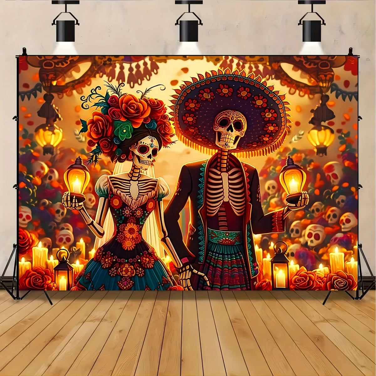 A banner featuring two sugar skull skeletons in traditional Day of the Dead attire with vibrant flowers and candles.