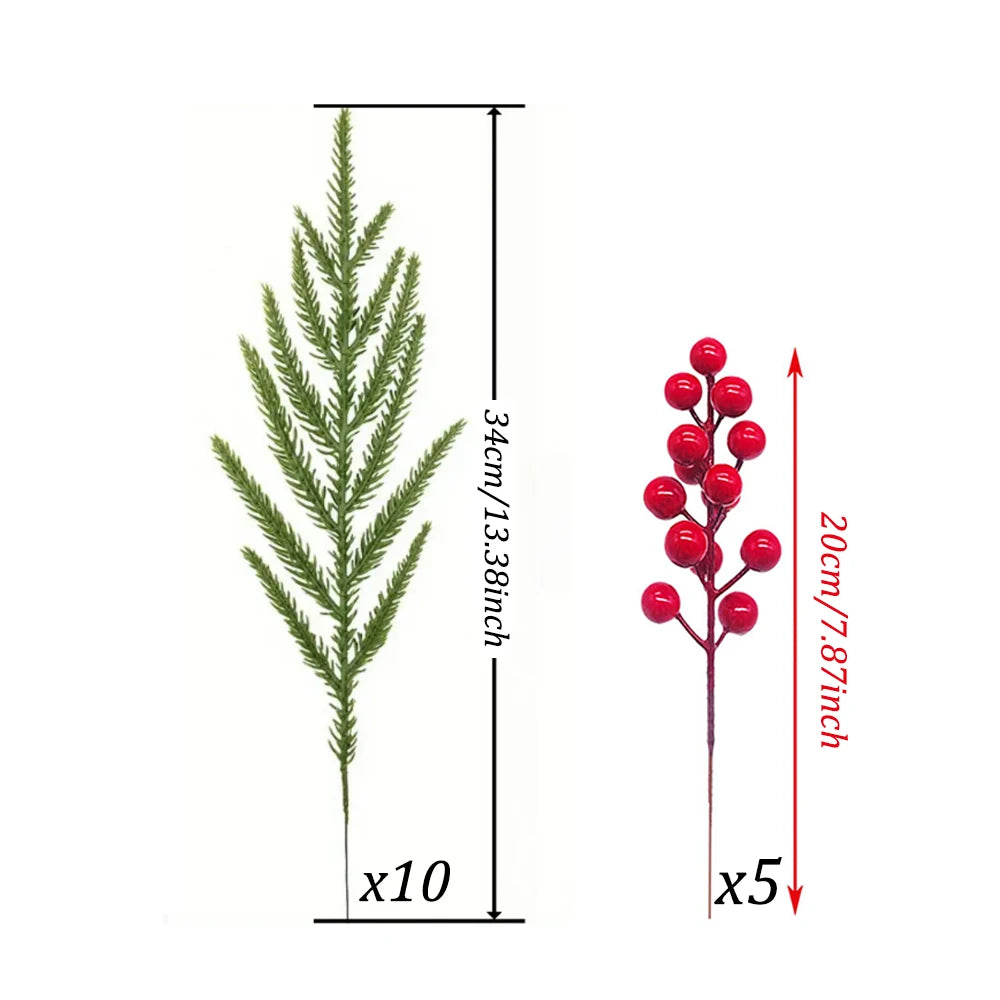 Artificial Norfolk pine branches with red berry stems used for holiday decoration