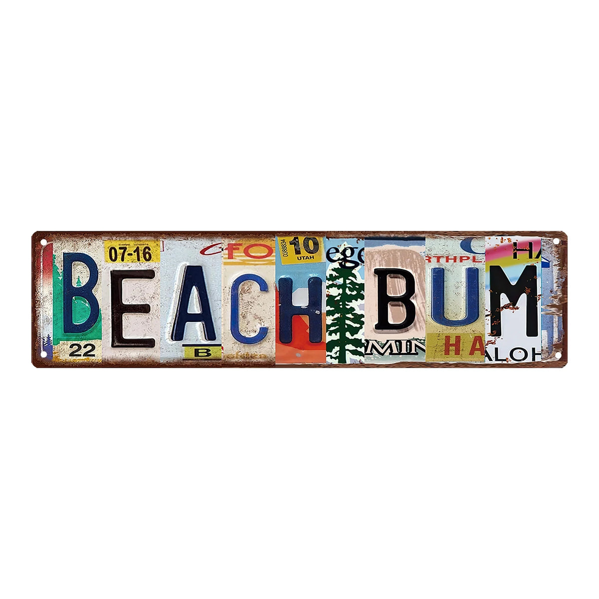 A vintage lowrider metal tin sign with the text BEACHBUM and various decorative elements.