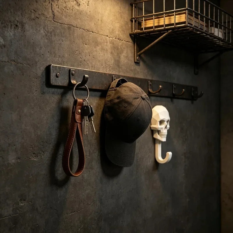 A set of two decorative wall hooks featuring a leather key and a white skull, mounted on a dark gray wall.