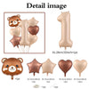 A set of foil balloons featuring a bear design and the number one in a rose gold color.