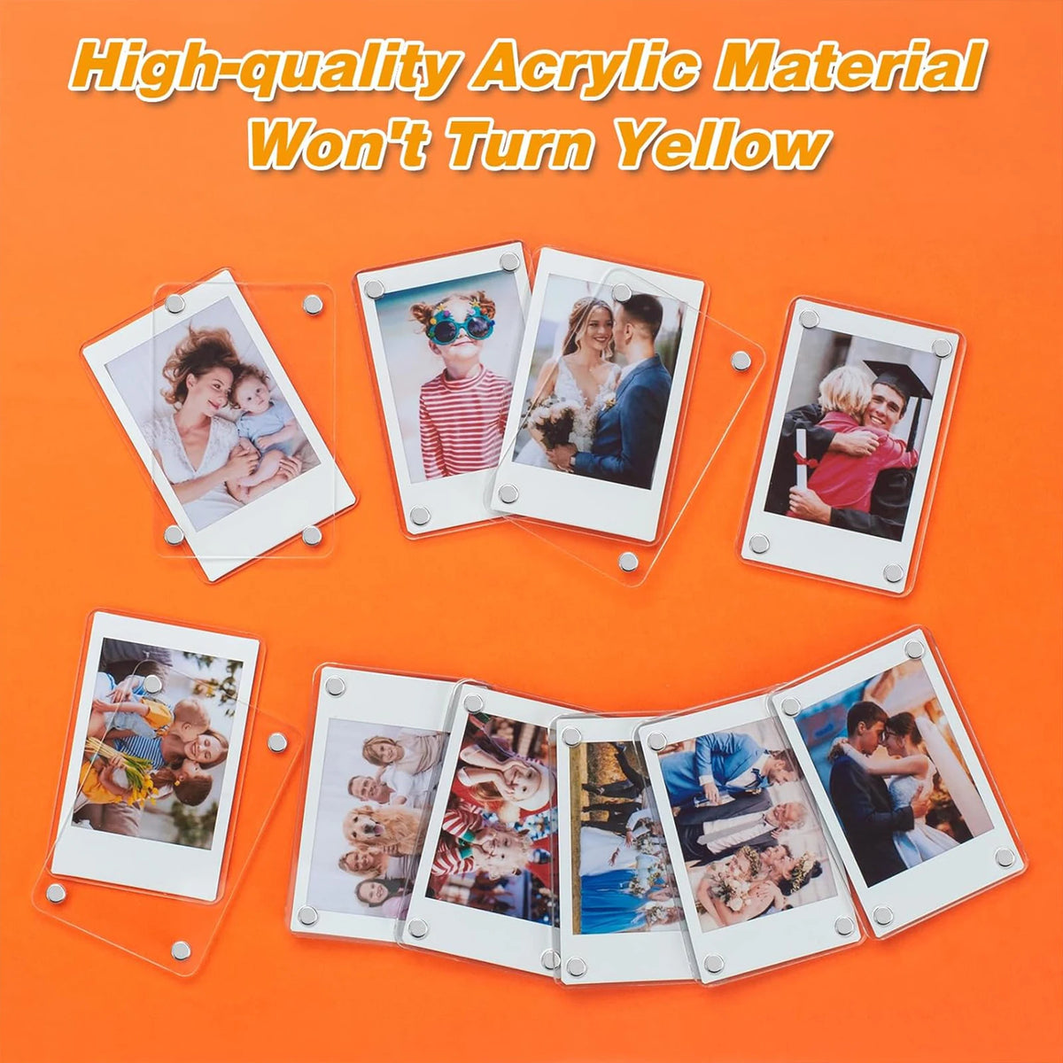 A collection of photos displayed in clear acrylic magnetic photo frames on an orange background.