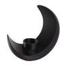 A black, modern moon-shaped decorative vase with a smooth, curved design.