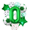 A set of green and white football shaped helium foil balloons and star-shaped balloons for birthday party decorations
