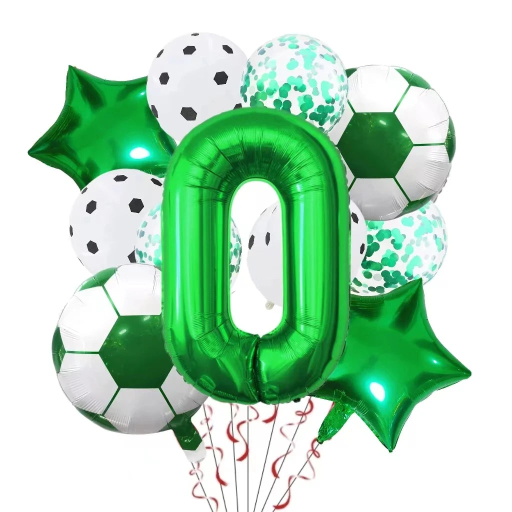 A set of green and white football shaped helium foil balloons and star-shaped balloons for birthday party decorations
