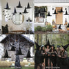 A collection of classic black witch hats with hanging ropes used for Halloween décor, including indoor, porch, and yard displ