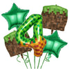 A set of green and gold star-shaped balloons and brown checkered balloons for a miner-themed birthday party.