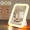 A white LED vanity mirror with adjustable light colors and USB charging features.