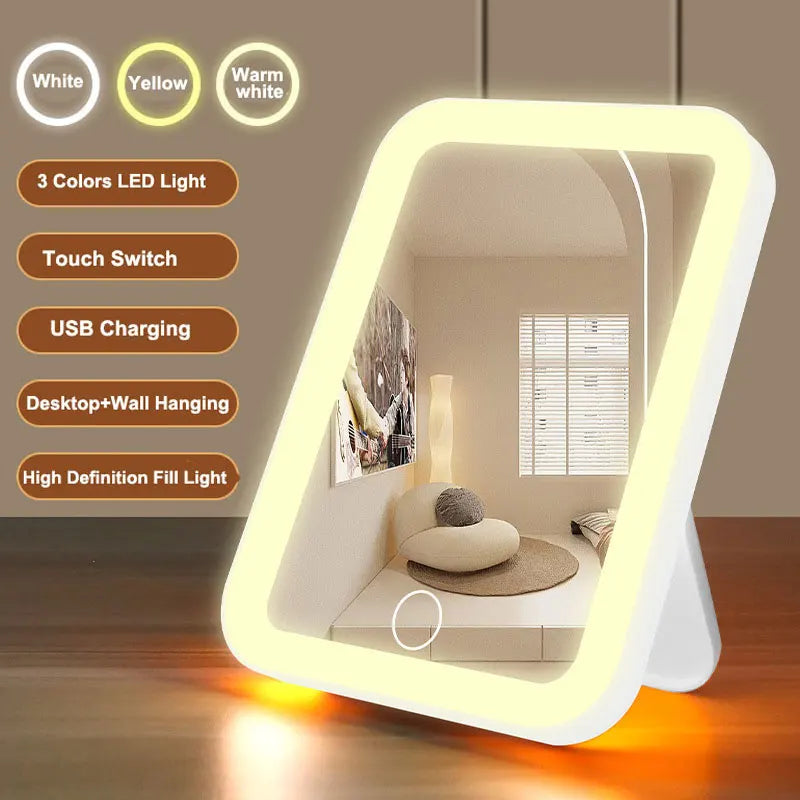 A white LED vanity mirror with adjustable light colors and USB charging features.