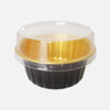 Reusable aluminum foil dessert ramekins with lids in gold and black.