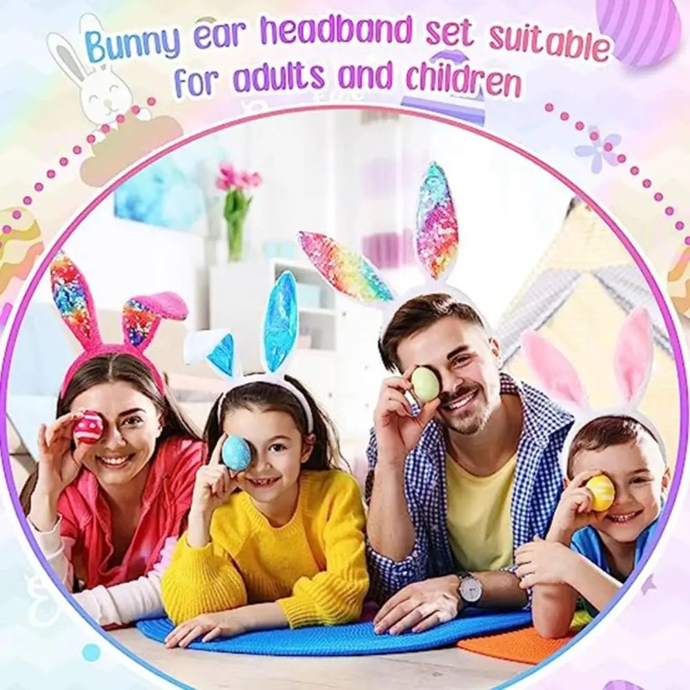 A family of three smiling while wearing colorful bunny ear headbands for parties and cosplay