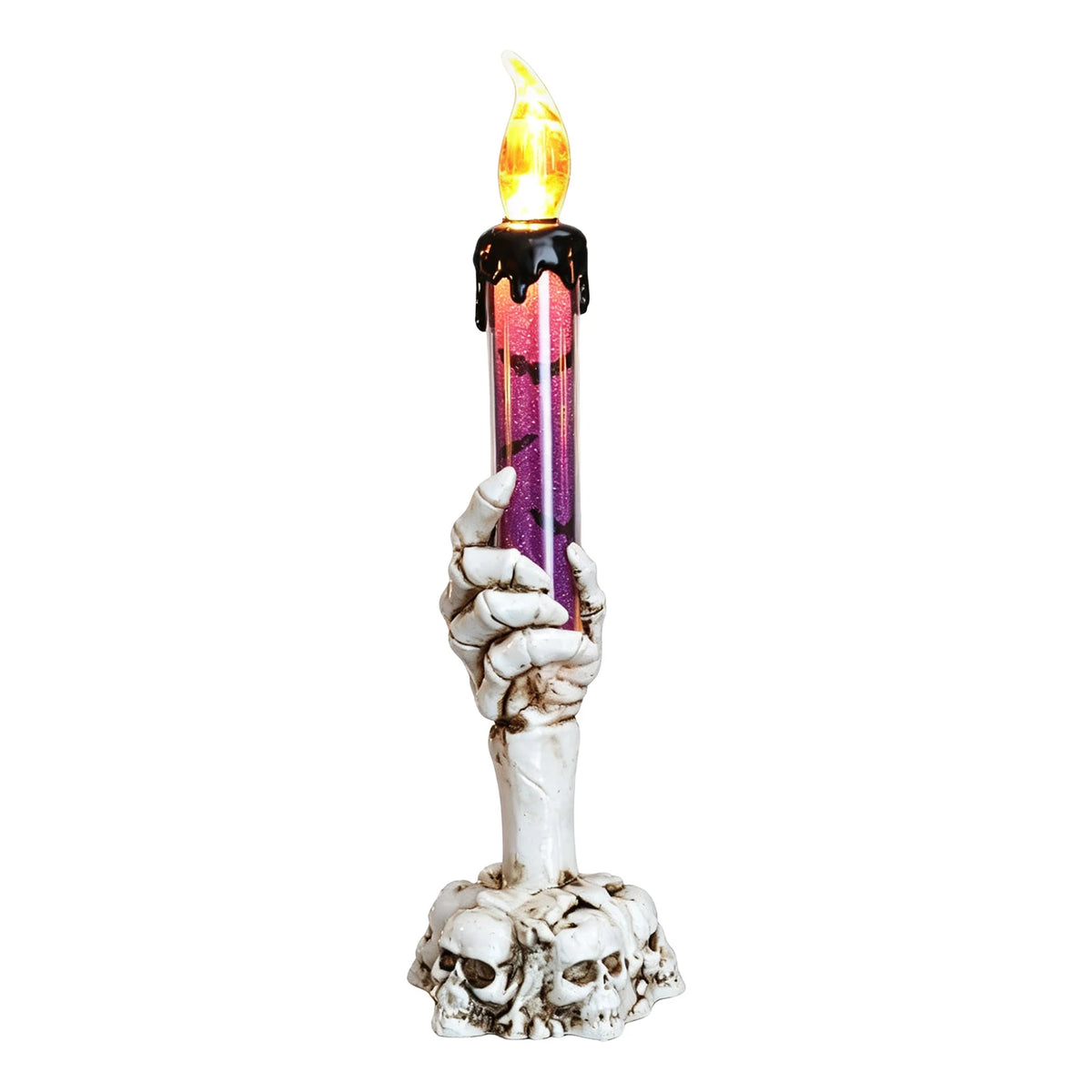 Gruselige Geisterhand aus Knochen hält eine Kerze mit lila Flamme und schwarzer Wachs.