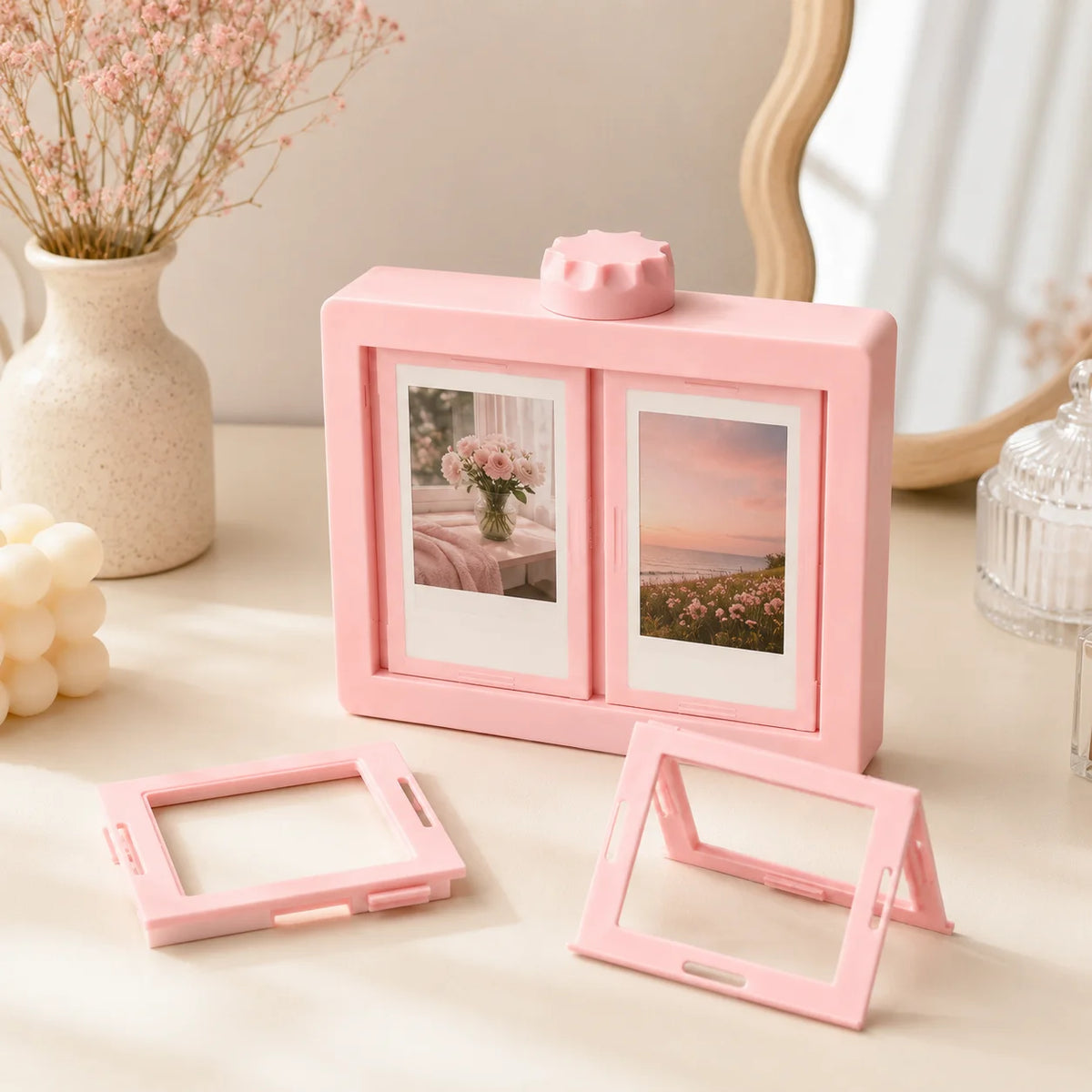 A pink 3D rotating photo frame is displayed on a light surface next to a vase of pink flowers.