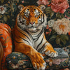 A detailed painting of a tiger in a seated pose surrounded by floral patterns.