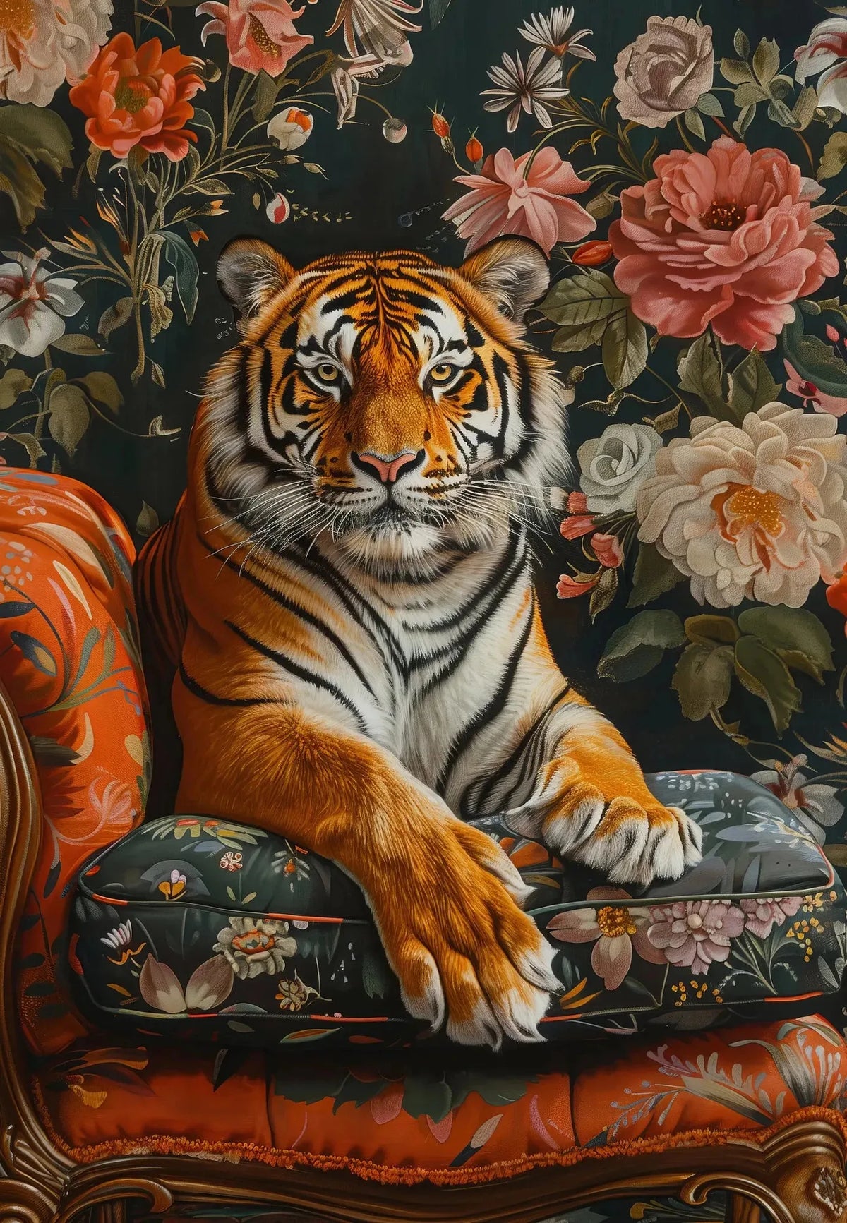 A detailed painting of a tiger in a seated pose surrounded by floral patterns.