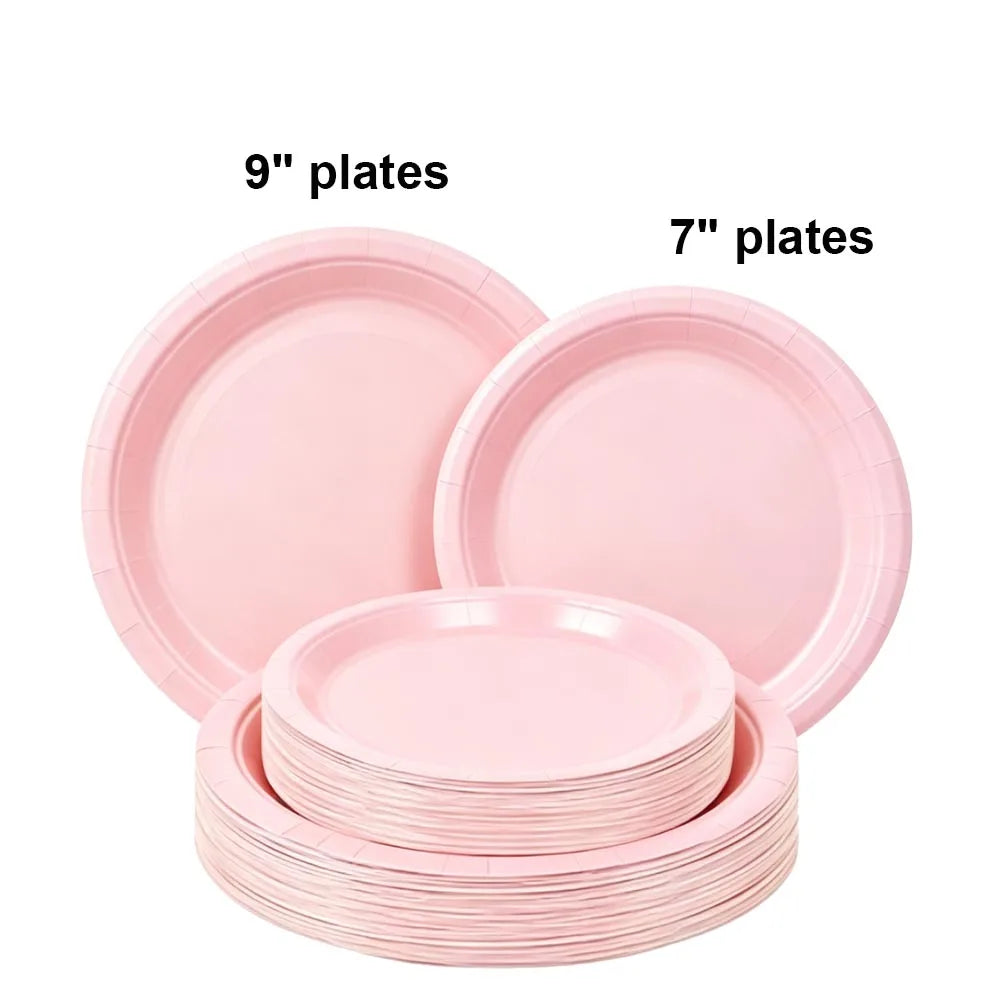 A set of pink disposable paper plates, including 7 inch and 9 inch round plates.