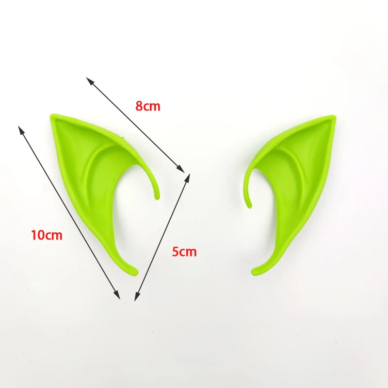 Bright lime green latex elf ears shown with dimension lines indicating size.