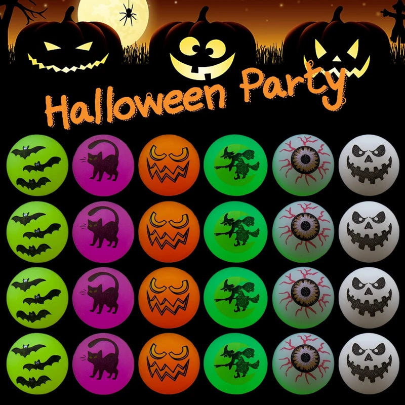A set of ten glow-in-the-dark Halloween bouncing balls featuring various spooky faces and creatures.