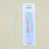 A package of 12 thin, pastel-colored spiral candles for parties.