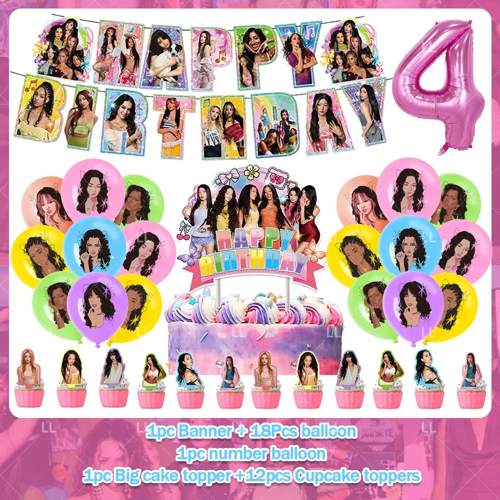 K-pop inspired birthday party decoration set featuring balloons, a backdrop, and cake toppers