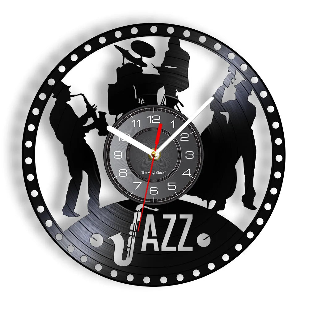A black wall clock face featuring silhouettes of musicians and a saxophone, with the name 'AZZ' below.