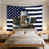 A wall tapestry featuring the American flag design with a stylized white face silhouette.