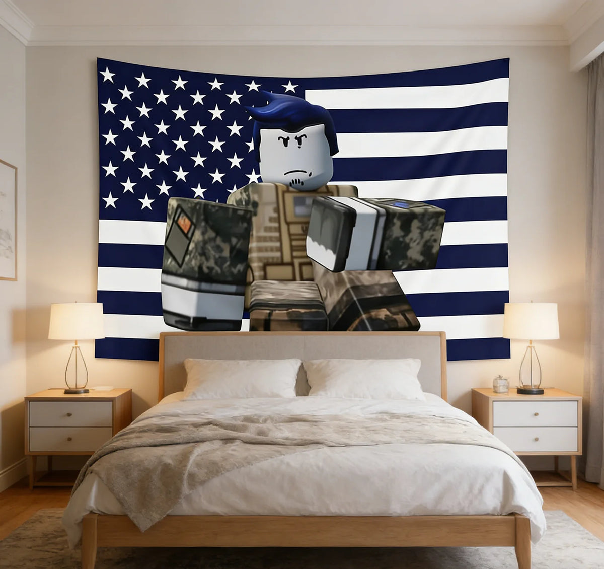 A wall tapestry featuring the American flag design with a stylized white face silhouette.