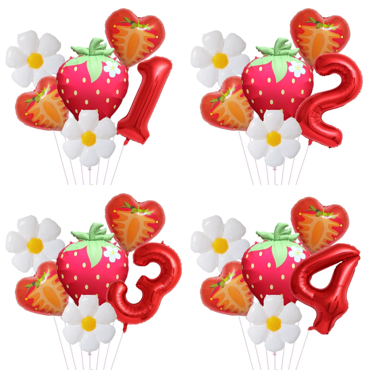 A set of six digital flower foil balloons in various colors and shapes, including hearts, strawberries, and numbers.