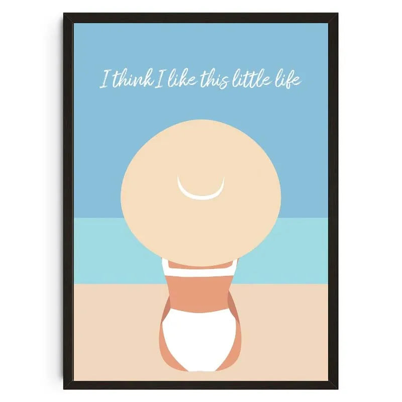 Canvas-Kunstdruck mit Zitat über das Leben und Darstellung einer nackten Figur am Strand.