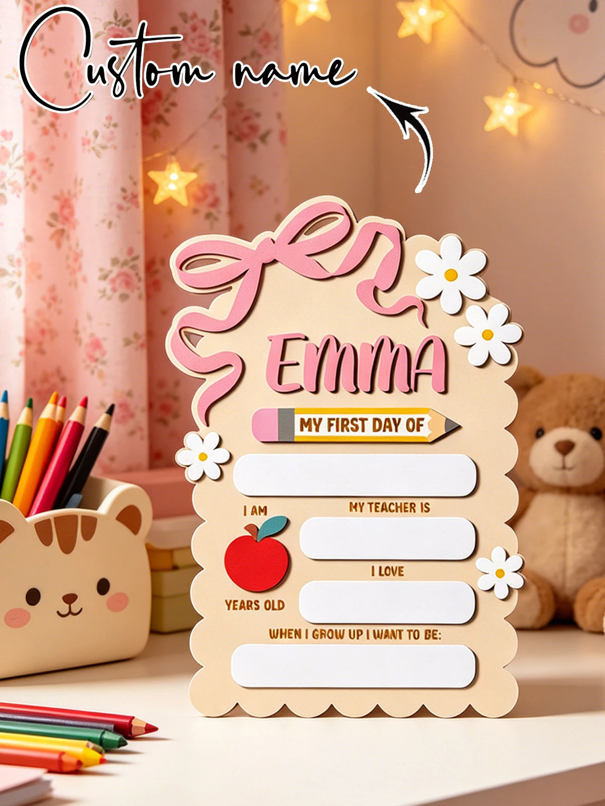 A personalized wooden sign for a child named Emma featuring a daisy bow and space for details like her first day, teacher, ag