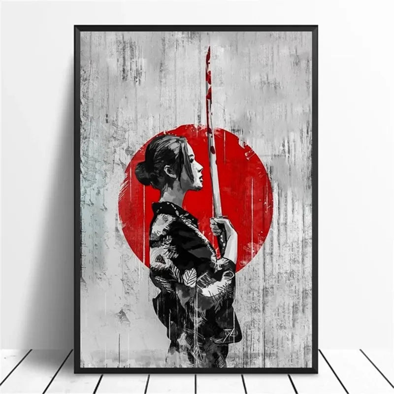 A black and white painting of a woman in traditional attire holding a katana against a red circular background.
