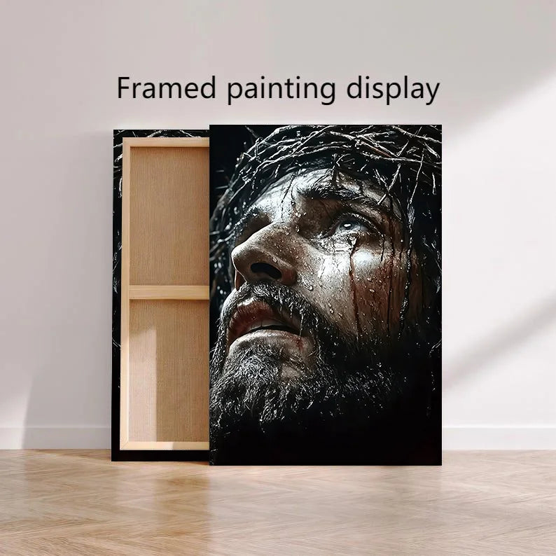Framed painting display showing a dramatic portrait of Jesus Christ with dripping blood.